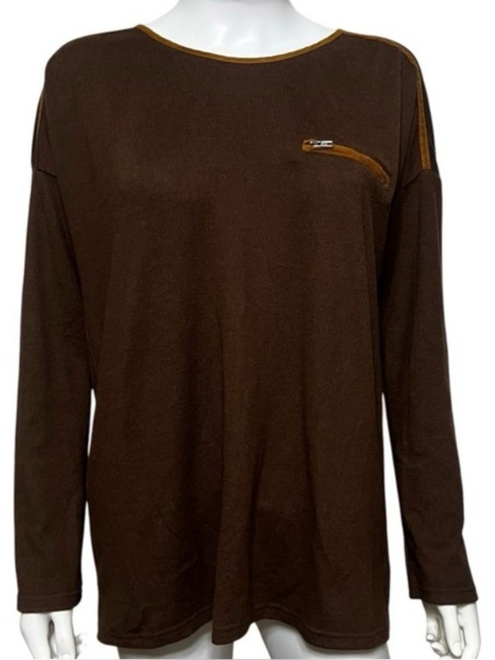YA Los Angeles Brown Knit Top Faux Suede Lace Up Back Boho Long Sleeve Size L